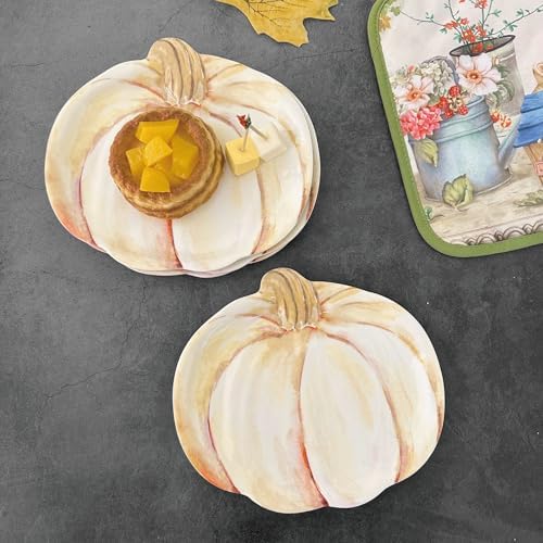 UP Ivory Pumpkin-Shaped Melamine Plates - Fall Harvest Theme, BPA-Free, Dishwasher Safe, for Appetizers, Dessert, Snacks, and Thanksgiving, Cream White, 7.875 x 7 Inch, Set of 4