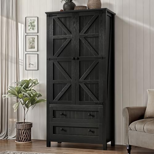 DWVO 64.5" Farmhouse Pantry Cabinet with 2 Drawers & Shelves, Oak Black