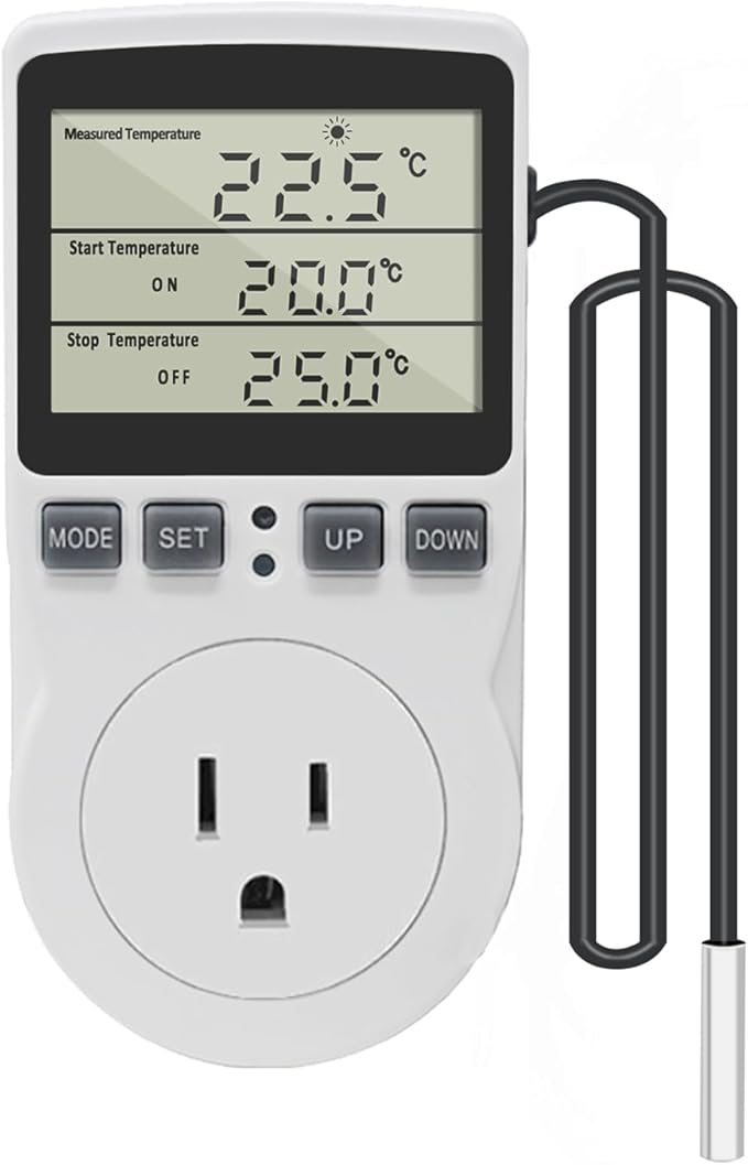 KETOTEK Digital Thermostat Outlet Plug Temperature Controller Outlet Socket 120V Heating Cooling Control 110V 15A Celsius Fahrenheit Display White