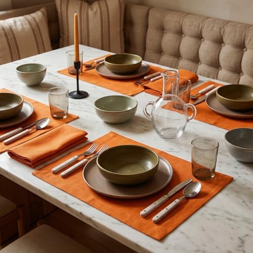 Solino Home 100% Pure Linen Placemats Orange, Fete 14 x 19 in, Set of 4
