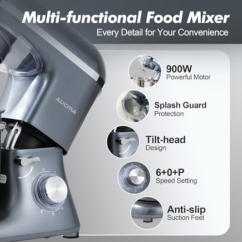 Aucma Stand Mixer,8QT 900W Tilt-Head Food Mixer, Kitchen Electric Mixer with Dough Hook, Wire Whip & Beater (Gray, 8QT)