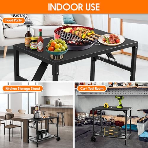 KHAMAL Grill Cart Outdoor with Wheels - Foldable Pizza Oven Stand Table, Portable Dining Cart Table for Outdoor, BBQ, Indoor, Kitchen(Black with Silver Handle)