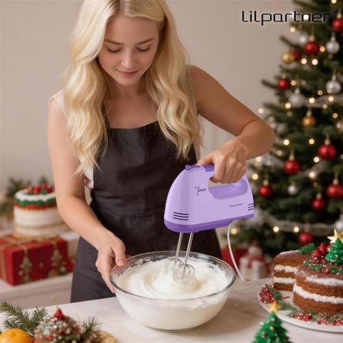 LILPARTNER Electric Hand Mixer with Storage Box, Ultra Power Kitchen Hand Mixer With 7-Speed & 5 Stainless Steel Accessories for Whipping Dough, Cream, Cake, Dishwasher Safe, LIGHT PURPLE BOX