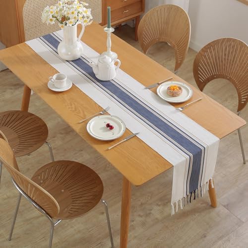 Niviy Blue Table Runner 90 Inches Long with Tassels, Seasonal Summer Washable Embroidered Striped Braided Blue and White Boho Table Runners for Holiday Party 12 x 90 Inches