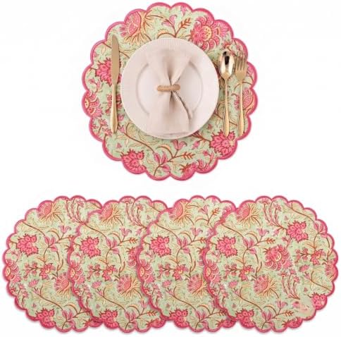 Ridhi Floral Block Print Round Placemats 15 Inch, Set of 4, Pistachio Green