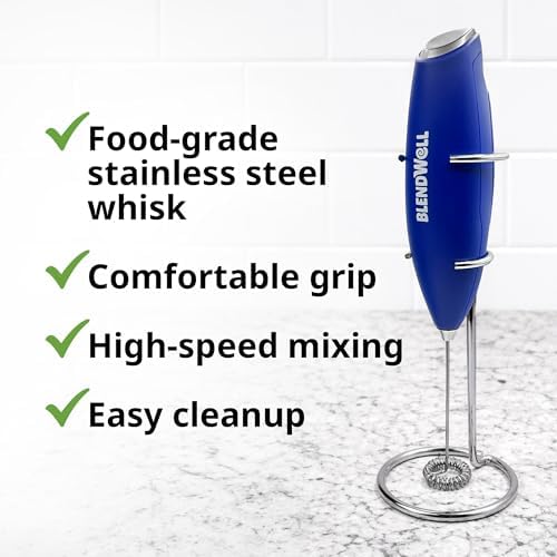 BlendWell Electric Milk Frother for Matcha and Coffee, Handheld Battery Operated Drink Mixer with Stand, Stainless Steel Whisk, Blue