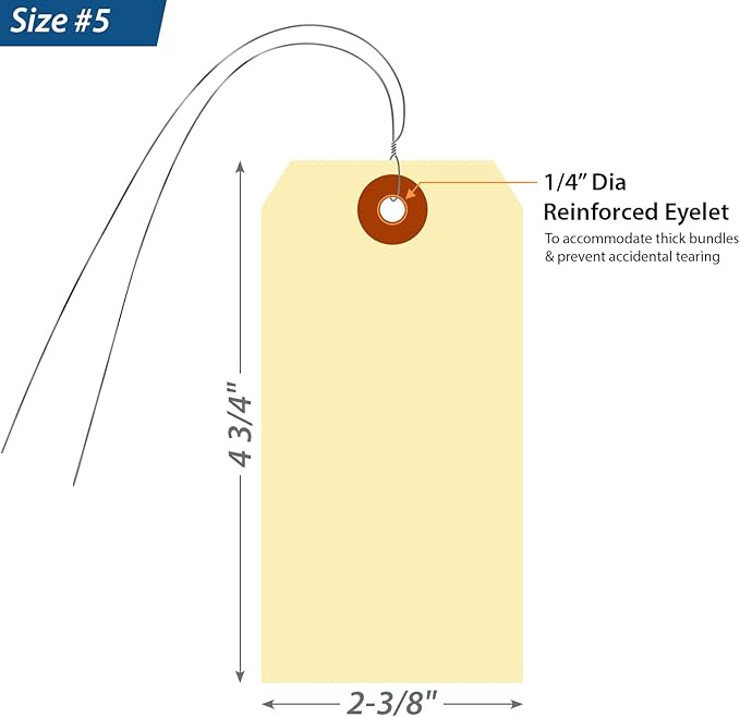 SmartSign Blank Manila Tags with Wire (Pre-Attached)- Pack of 100, Size-5, 13pt Thick Cardstock Shipping Tag, 4 3/4" x 2 3/8" Paper Hang Tags with Reinforced Fiber Patch