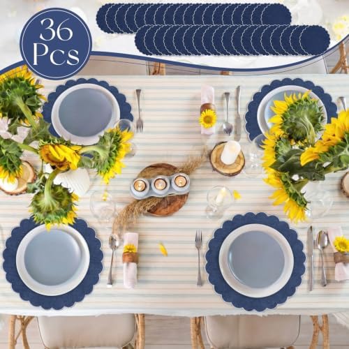 Set of 36 Navy Blue Cotton Placemats 15" Round Scalloped White