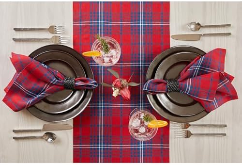 Solino Home 100% Pure Linen Table Runner, 14 x 144 in, Red and Navy Plaid