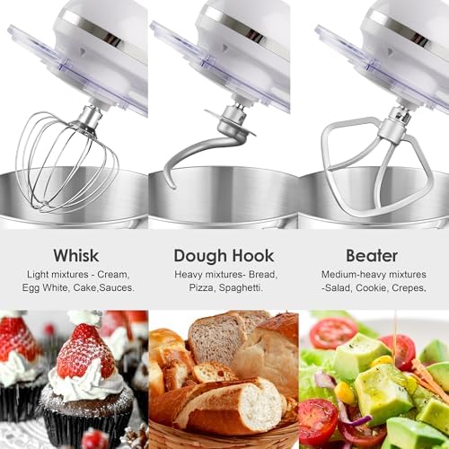 Aucma Stand Mixer,6.5-QT 660W 6-Speed Tilt-Head Food Mixer, Kitchen Electric Mixer with Dough Hook, Wire Whip & Beater (White, 6.5QT)