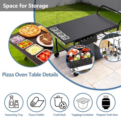 47" Outdoor Pizza Oven Table with Wheels, Grill Cart Table for Outside with Propane Tank Holder, Heavy Duty Pizza Oven Stand Prep Table for BBQ Patio Backyard Cooking
