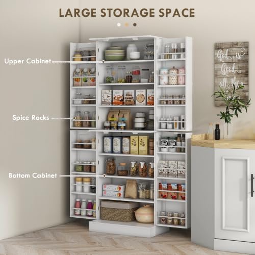 HOMCOM 65" Kitchen Pantry Storage Cabinet 16 Door Shelves White