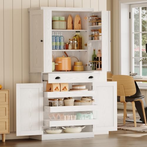 IRONCK 72" Kitchen Pantry Cabinet with Drawer and Sliding Racks, White
