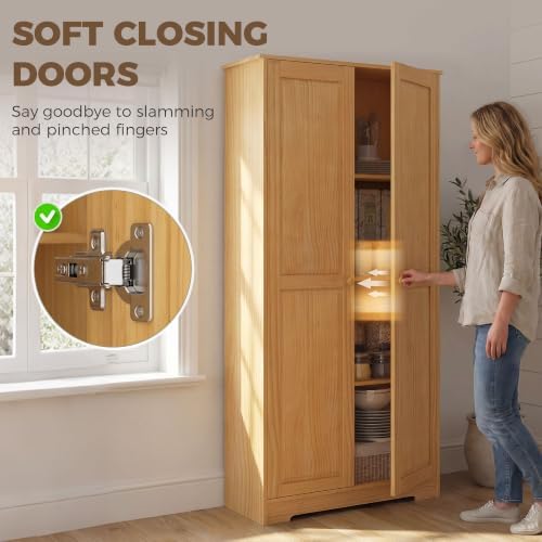 HOMCOM 67" Solid Wood Kitchen Pantry Storage Cabinet with Doors Brown