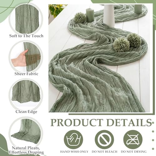 6pcs Sage Green & Pink Cheesecloth Table Runners 118" Boho Gauze