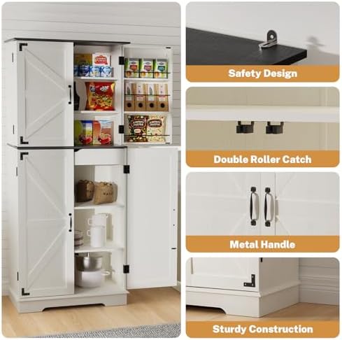 Sunny Heart 72" H Kitchen Pantry Cabinet, Farmhouse Pantry Storage Cabinet with 4 Doors, Adjustable Shelves, Drawer, Kitchen Organizers and Storage for Dining Room, Bathroom, Cream