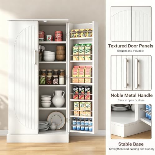 kepptory 47" Kitchen Pantry Cabinet, Freestanding Tall Storage Cabinet with Doors and Adjustable Shelves, Large Food Storage Organizer for Kitchen, Dining Room, Living Room, Farmhouse Cupboard, White
