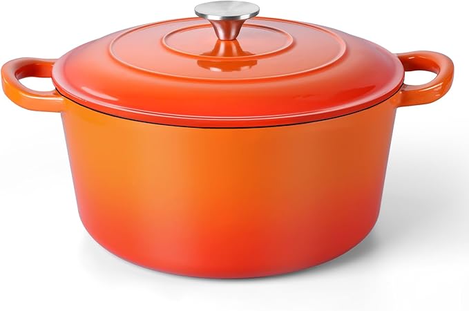 TeamFar Enameled Cast Iron Dutch Oven, 6QT Nonstick Dutch Oven Pot with Lid & Dual Handles for Bread Baking Braising Simmer Roasting, Non Toxic & Heavy Duty, Multi Stoves & Oven Safe - Orange