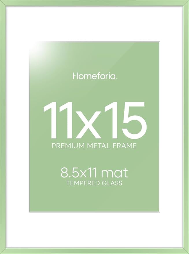 Homeforia 11x15 Picture Frame Sage Green, High End Metal 11x15 Wall Hanging Frame with Mat 8.5x11, 11 x 15 Poster Frames Matted to 8.5 x 11 inch Photo, 11by15 Frame, Tempered Glass, Wall Kit, Set of 1