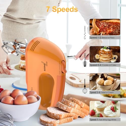 LILPARTNER Electric Hand Mixer with Storage Box, Ultra Power Kitchen Hand Mixer With 7-Speed & 5 Stainless Steel Accessories for Whipping Dough, Cream, Cake, Dishwasher Safe, LIGHT ORANGE BOX