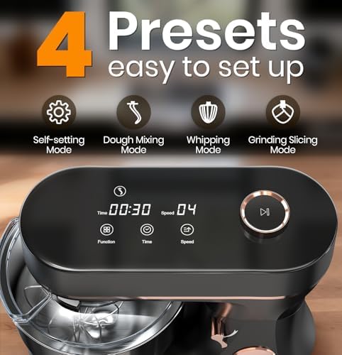 Stand Mixer 6QT Kitchen Mixer with LED Smart Touchscreen, 11-Speed Tilt-Head Mixer with Timer, 4 Preset Menus, Stainless Steel Bowl, Dough Hook, Whisk, Beater (Black, 6Qt)