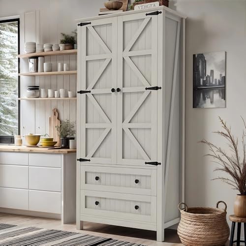DWVO 64.5" Pantry Cabinet with Barn Doors, 2 Drawers & Shelves, Off White