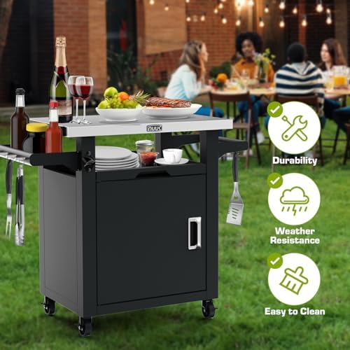 NUUK Grill Table with Storage Cabinet, Outdoor Grill Cart Pizza Oven Table with Wheels, Stainless Steel Top Kitchen Island 20"x30" Rolling Prep Station Outdoor Bar Cart for BBQ, Deck, Backyard
