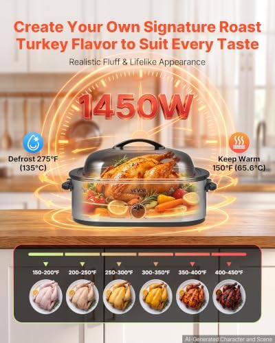 VEVOR Electric Roaster Oven, 20 Qt 1450W, Turkey Roasting Pan, Metal Lid