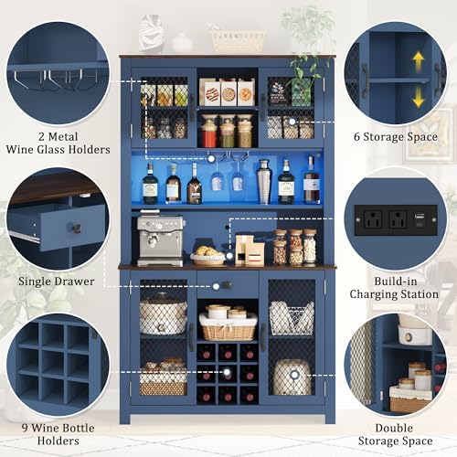 Merax 70.9" Tall Kitchen Pantry Storage Cabinet with Charging Station and LED Lights, Rustic Kitchen Hutch Food Pantries with Wine Rack, Drawer & Adjustable Shelves for Dining Room, Navy Blue