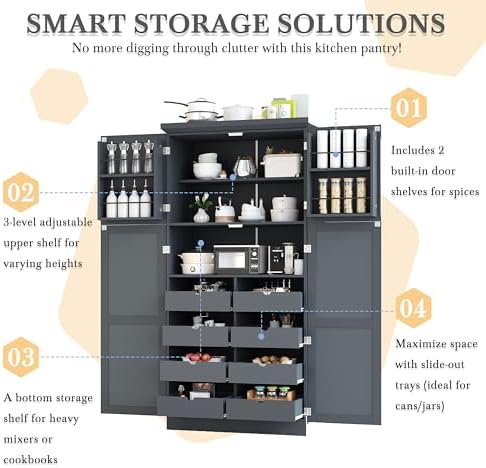 Merax 35.5x17.6x70.9 inches Freestanding Kitchen Pantry Cabinet, Tall Storage Cabinet with 4 Doors, 2 Door Shelves, 8 Pull-Out Trays and Adjustable Shelf for Dining Room, Gray