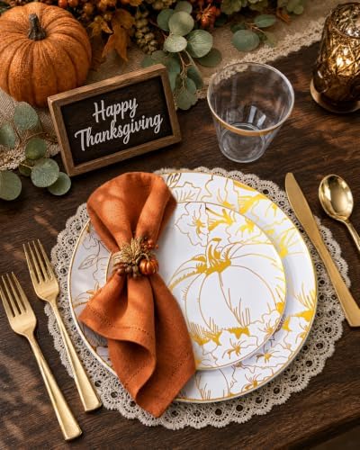 PULOTE 150PCS Thanksgiving Plastic Plates - Fall Gold Pumpkin for Autumn