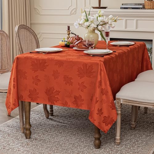 Softalker Fall Jacquard Square Tablecloth, 60 x 60 Inch Burnt Orange