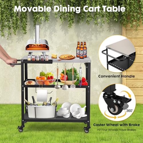 Outdoor Grill Cart Table, Pizza Oven Stand with Casters, Silver