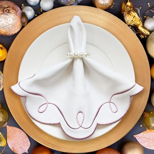 16.5 Inch Ribbon Twirl Embroidery Round Placemats Set of 4, Scalloped Round Table Mats for Party Kitchen Dining Decoration, Pink