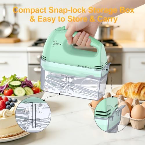 LILPARTNER Electric Hand Mixer with Storage Box, Ultra Power Kitchen Hand Mixer With 7-Speed & 5 Stainless Steel Accessories for Whipping Dough, Cream, Cake, Dishwasher Safe, LIGHT GREEN BOX