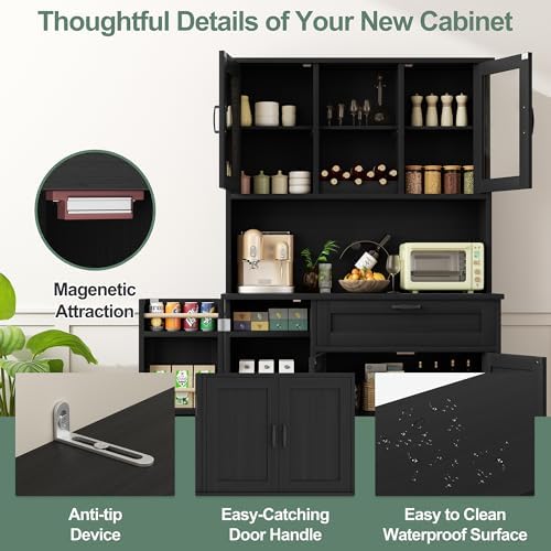 Shintenchi 68" Kitchen Pantry Storage Cabinet, with Microwave Stand, Black