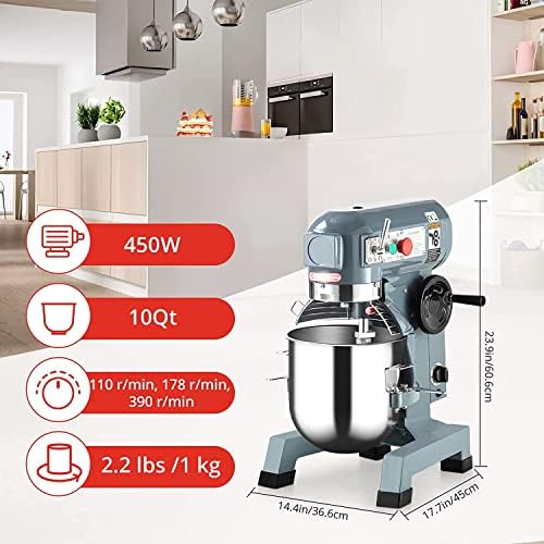 10Qt Food Mixer, 450W, 3-Speed Commercial Stand Mixer with tainless steel bowl, dough hook, whisk, Heavy duty mixer with safety guard, perfect for bakeries, restaurants, pizzerias and kitchens