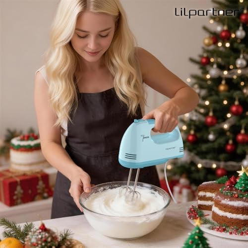 LILPARTNER Electric Hand Mixer with Storage Box, Ultra Power Kitchen Hand Mixer With 7-Speed & 5 Stainless Steel Accessories for Whipping Dough, Cream, Cake, Dishwasher Safe, LIGHT BLUE BOX