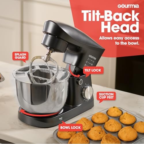 Gourmia 5 Quart 10-Speed Electric Stand Mixer with Bowl + Shield, Dough Hook, Whisk and Beater - Household Kitchen Standing Dough Maker Machine