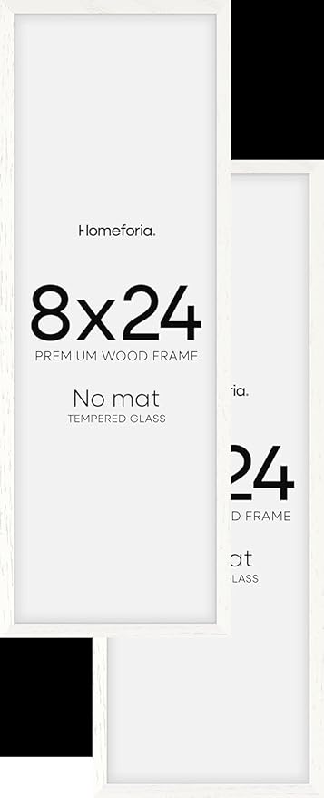 Homeforia 8x24 Panoramic Frame White, High End Oak 8 x 24 Picture Frames Wood without Mat, 24x8 Thin Hanging Wooden Poster Frame for Wall, 8by24 Display Photo Frame, Tempered Glass, Wall Kit, Set of 2