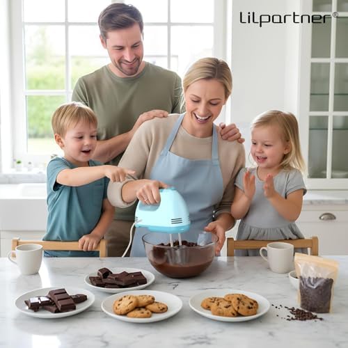 LILPARTNER Electric Hand Mixer with Storage Box, Ultra Power Kitchen Hand Mixer With 7-Speed & 5 Stainless Steel Accessories for Whipping Dough, Cream, Cake, Dishwasher Safe, LIGHT BLUE BOX