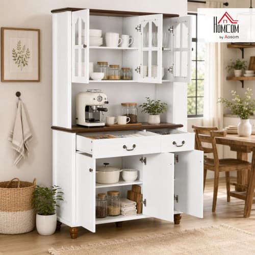 HOMCOM 71" Kitchen Pantry Cabinet Kitchen Hutch Window Pane Doors White