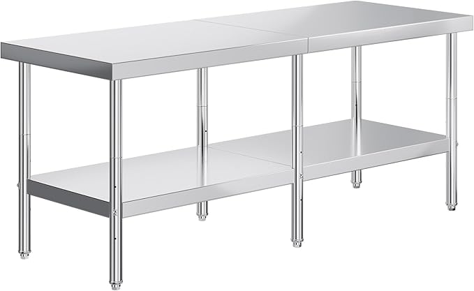 Jocisland 30" x 82" Stainless Steel Table for Prep & Work Adjustable Under Shelf and Feet, for Commercial Kitchen, Restaurant, Hotel and Garage