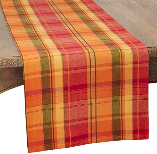 Terracotta Orange Holiday Harvest Plaid Design Cotton Runner. 16"x108" Oblong