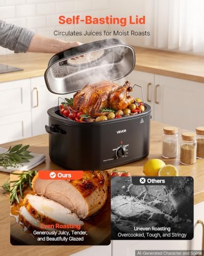 VEVOR Electric Roaster Oven, 26 Qt, Turkey Roasting Pan, Black, Viewing Lid