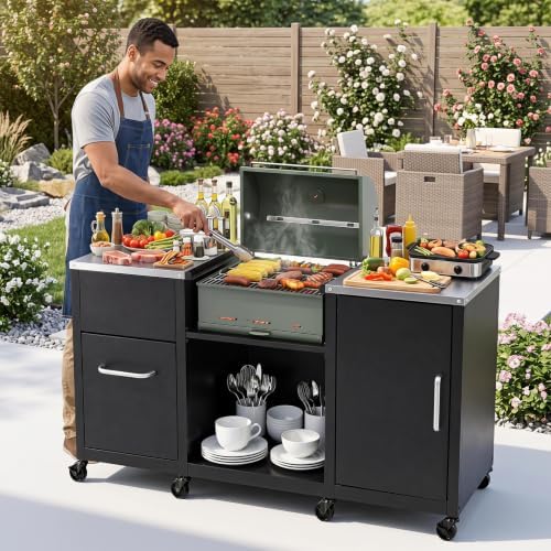 HAPPYGRILL 59” Outdoor Grill Table w/2 Removable Shelves & Storage Cabinets