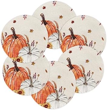 Fall Round Placemats for Dining Table Set of 6 Harvest Pumpkin Place Mats Circle Woven Placemat Maple Leaves Sunflower Wheat Braided Table Mat for Thanksgiving Kitchen Home Dinner Party Decor 15 Inch