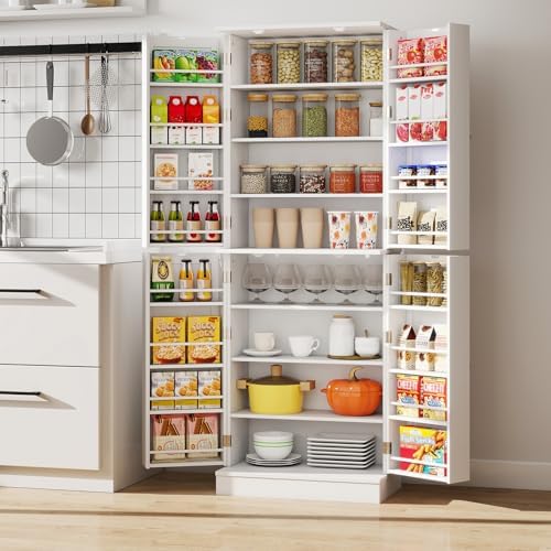 GIANTEX Kitchen Pantry Cabinet, 65.5" Tall Kitchen Hutch w/8-Tier Storage Cabinet, 16-Tier Door Shelves & Adjustable Shelves, 4-Door Freestanding Buffet Sideboard for Dining Room, Living Room, White