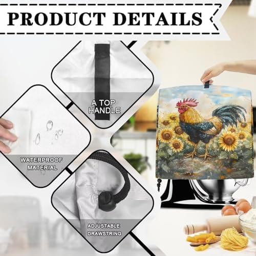 Rooster Sunflower Mixer Cover Kitchen Aid Stand Mixer Dust Proof Covers with Handle and Front Pockets Kitchen Aid Mixer Cover for 4.5-5 Qt Mixer,Coffee Maker Toaster Machine Dust Cover