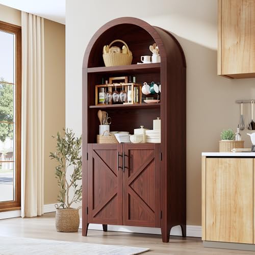 Garvee Arched Cabinet with Doors, 5-Tier Kitchen Pantry Cabinet with Adjustable Shelves, Wooden Open Farmhouse Storage Organizer for Kitchen, Dining Room, Living Room, Home Office, Walnut